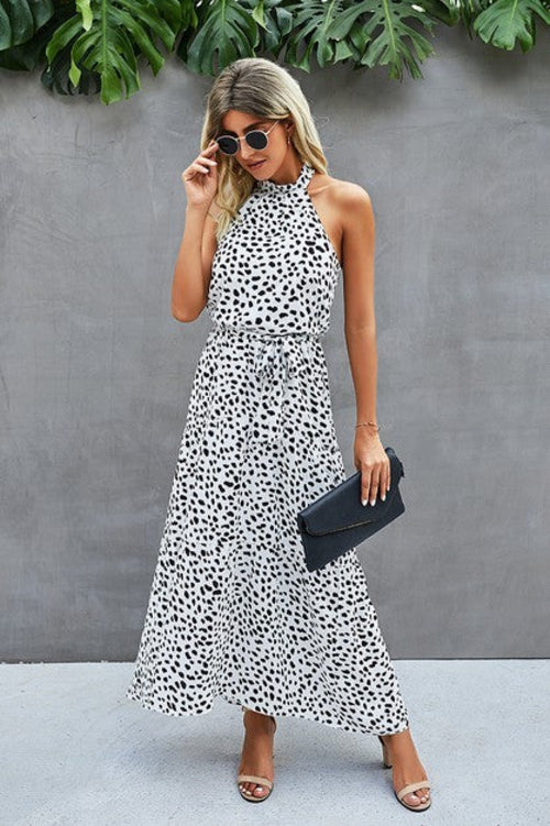 Tie Back Dalmatian Print Halter Dress