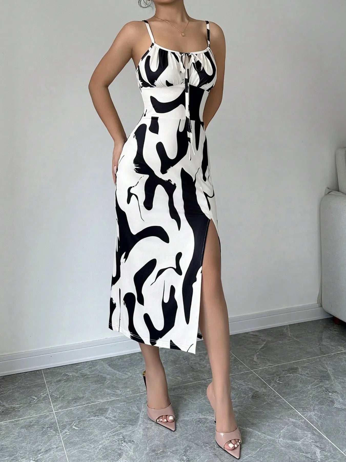 Slit Cow Print Spaghetti Strap Midi Dress