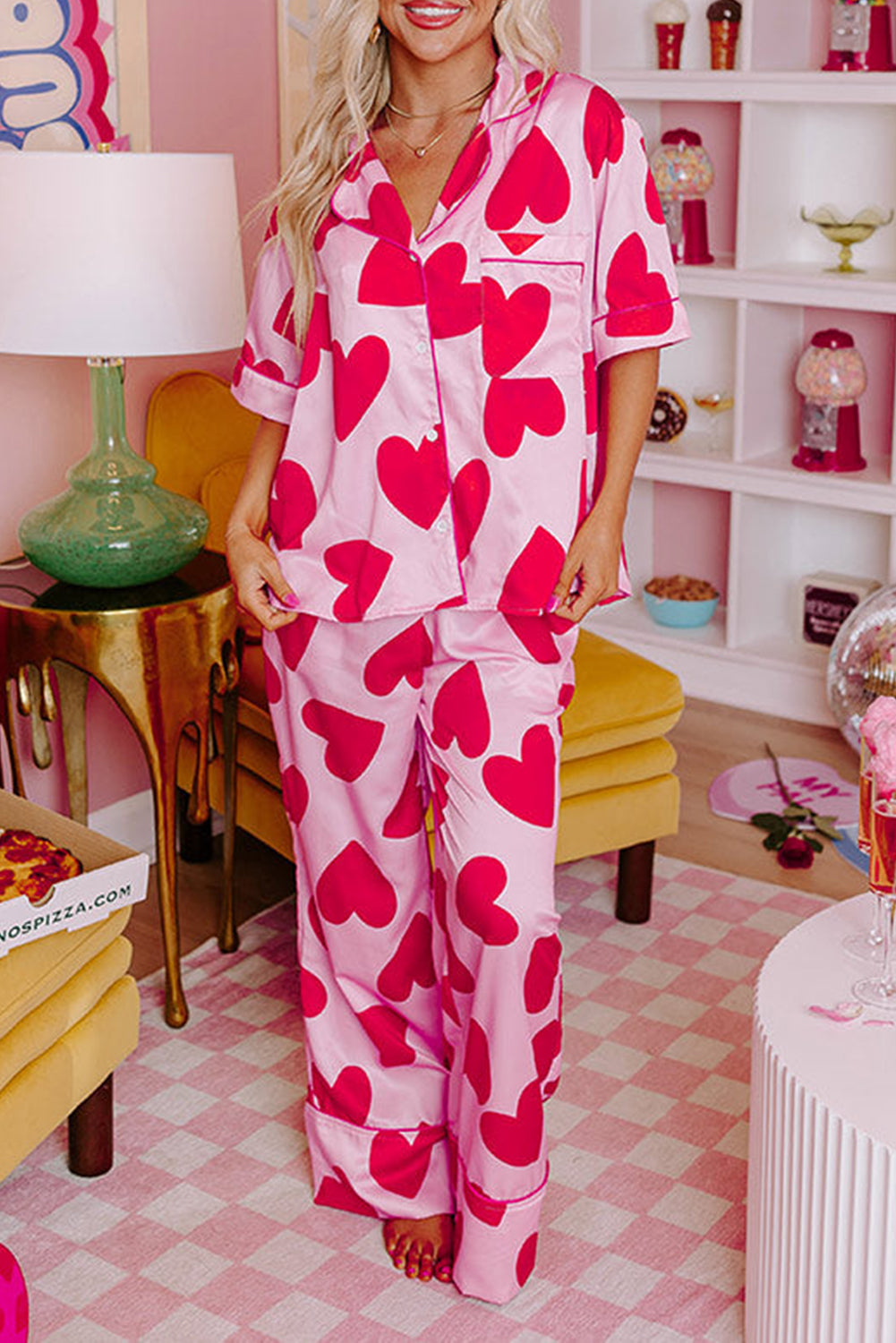 Cute pink pajama set with heart print