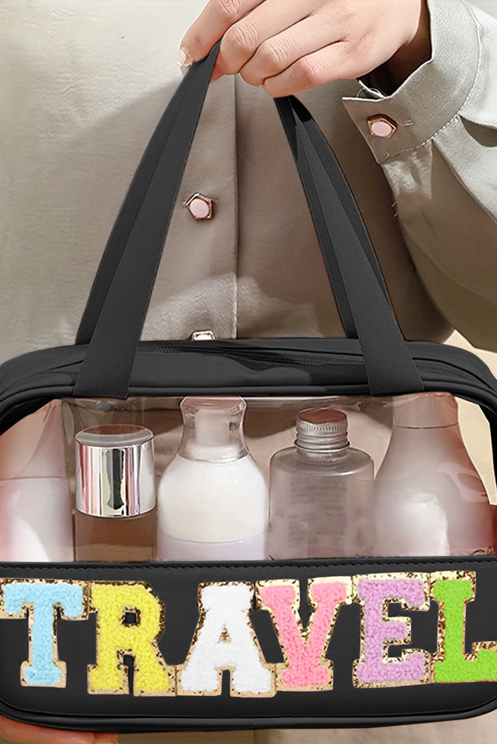 Sleek black chenille PVC makeup bag for travel essentials