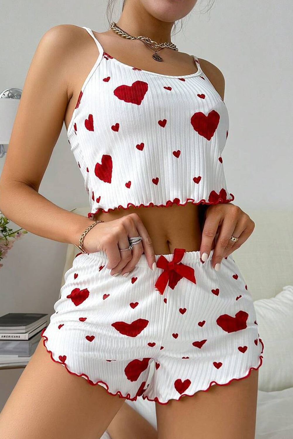 Cozy and cute white pajama set with heart print design
