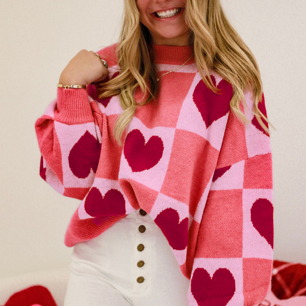 Trendy pink plus size sweater with heart checkered pattern