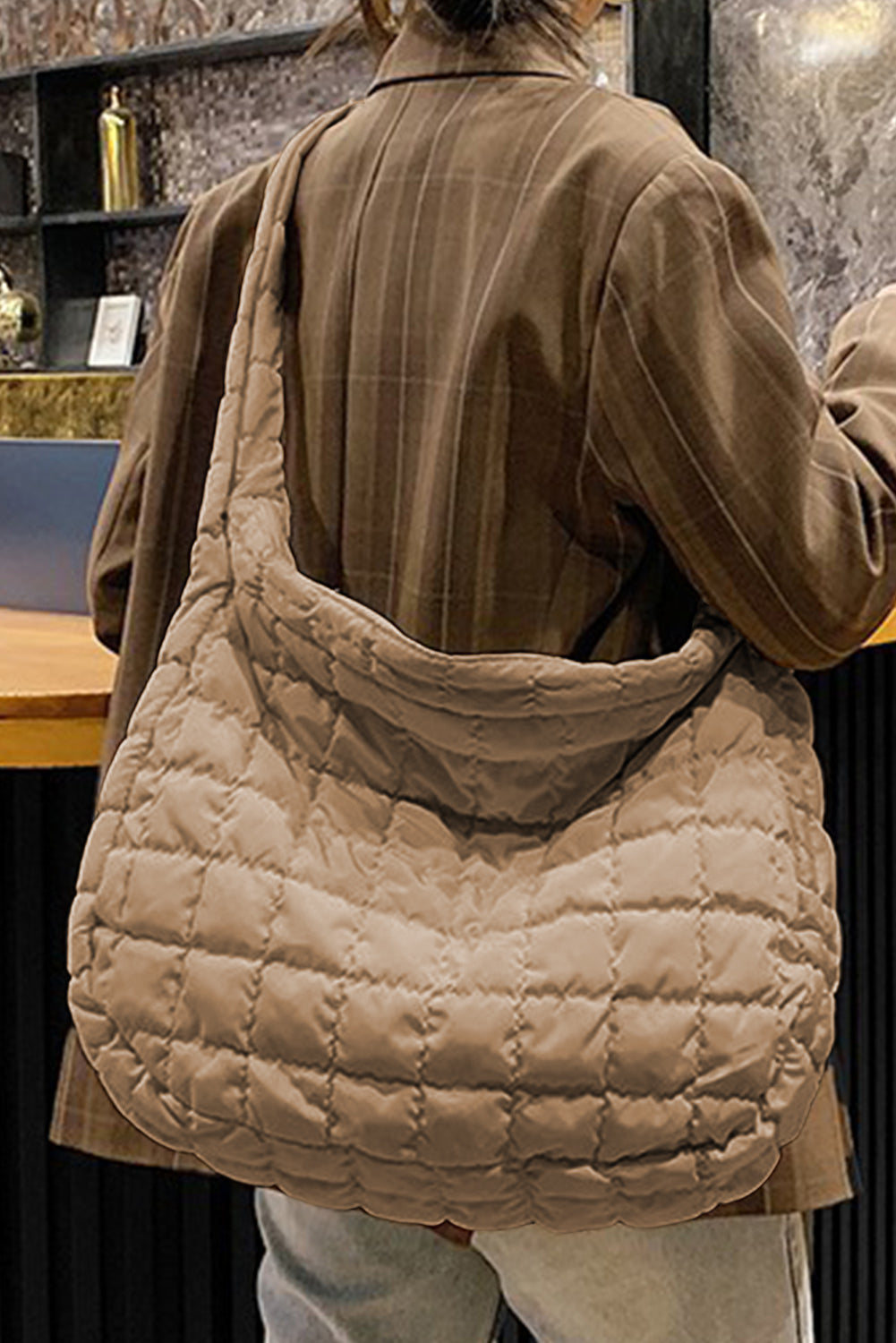 Trendy beige quilted handbag for everyday use