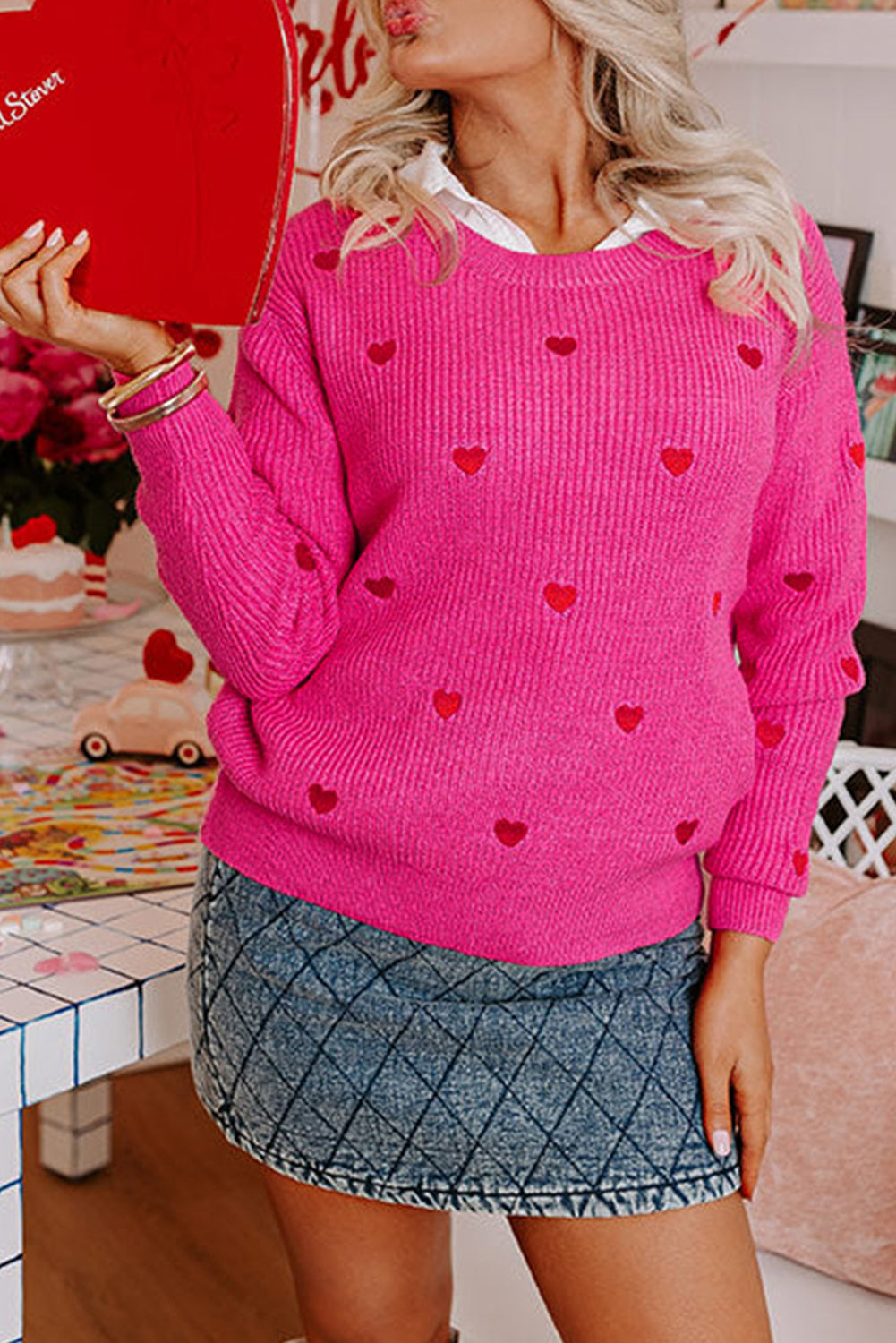 Cozy rose red heart sweater for casual wear