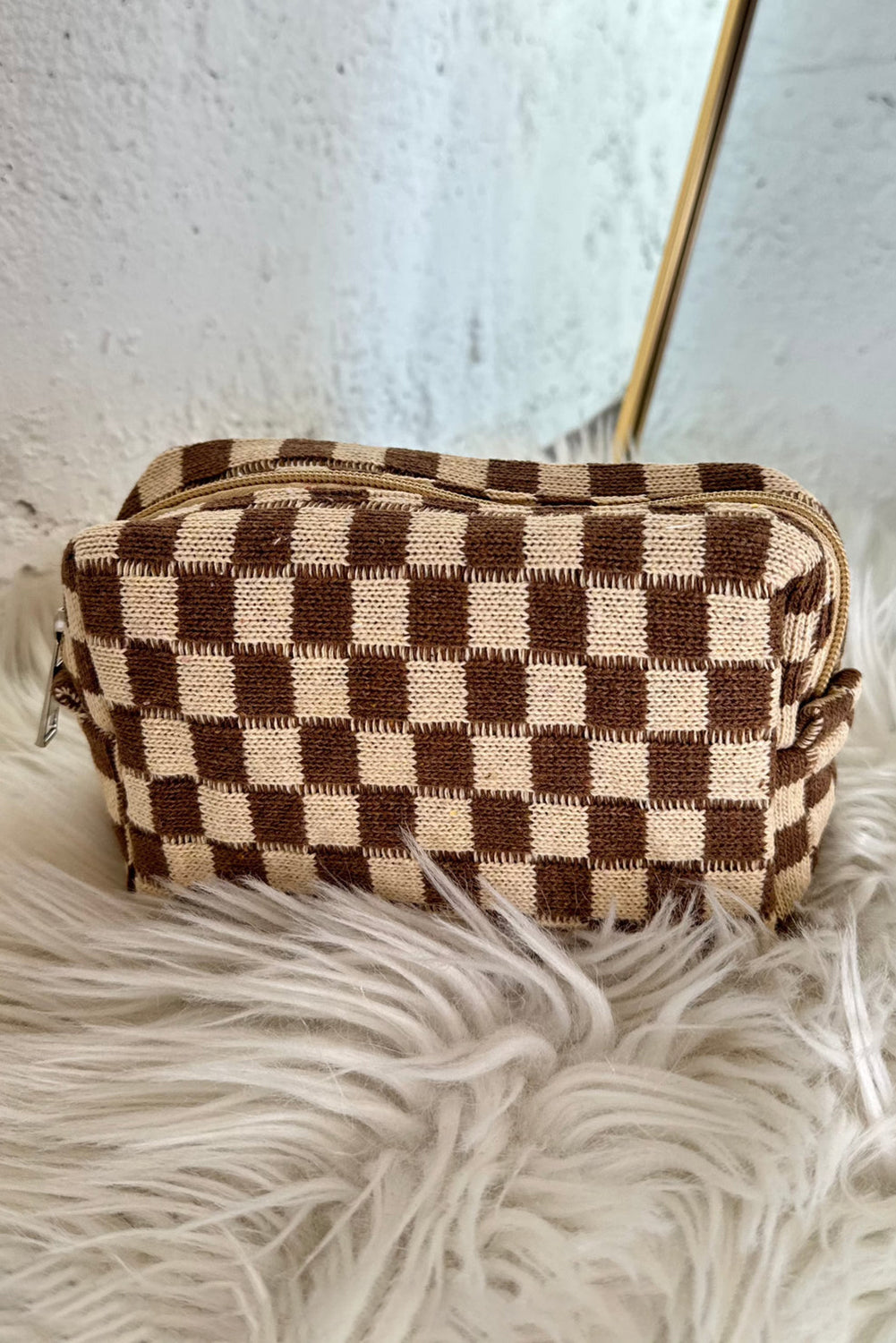Trendy checkered makeup bag in knitted fabric