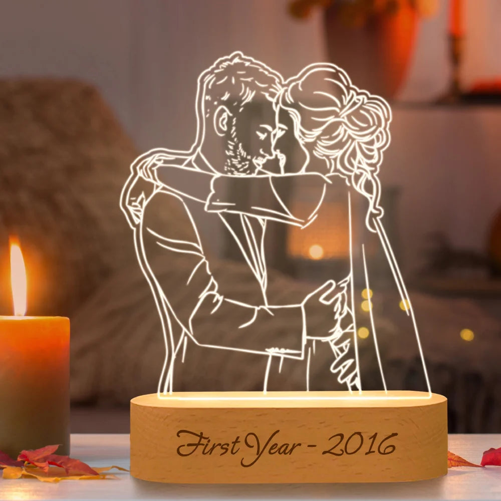 Customizable 3D photo lamp featuring a family portrait in LED light