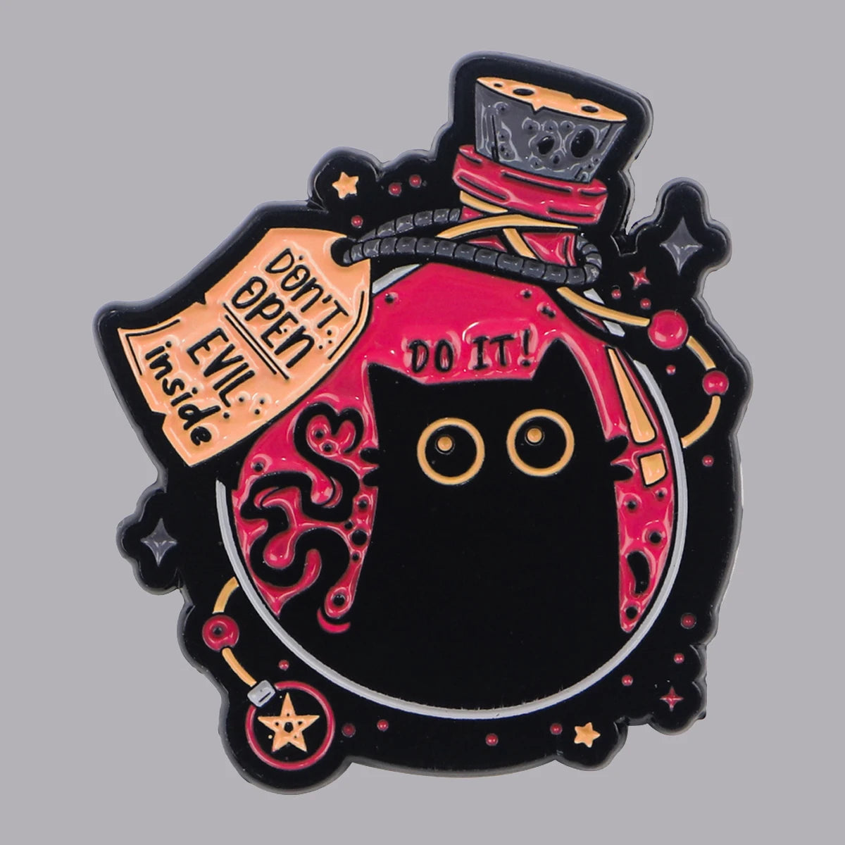Cute black cat enamel pin on jacket