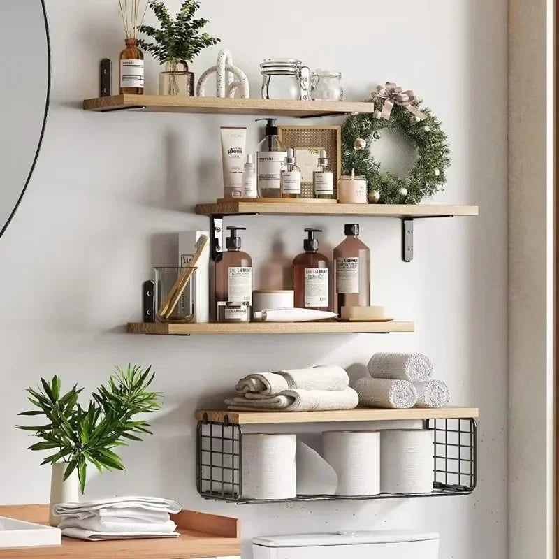 Elegant wooden floating shelves for organized home interiors