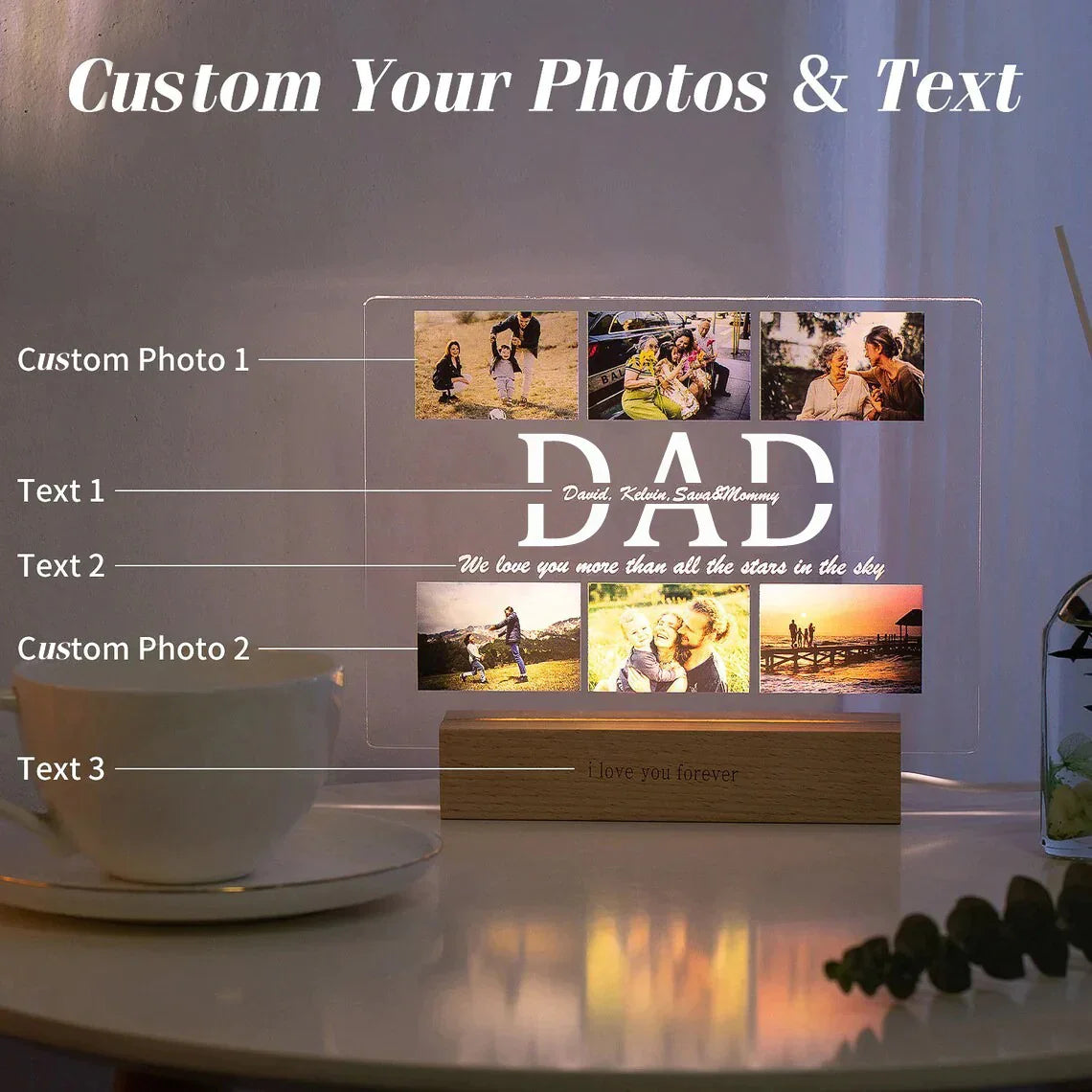 Personalized LED 3D acrylic lamp glowing in a dark room