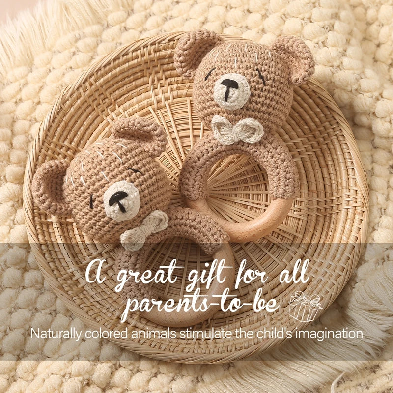 Soft and safe crochet bear rattle teether for babies