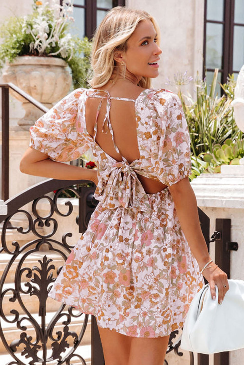 White Floral Print Backless Mini Dress