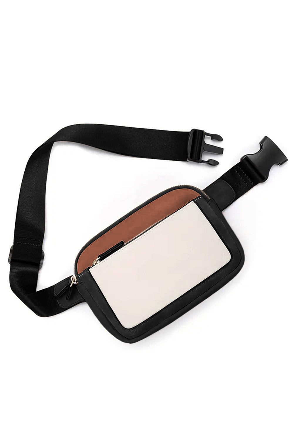 Trendy white crossbody bag featuring a unique color block pattern