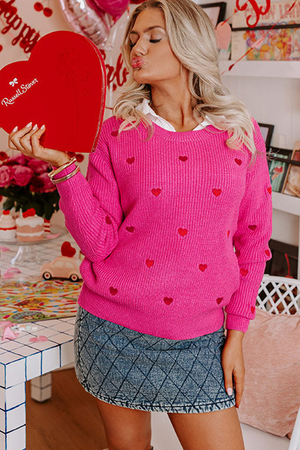 Trendy and cozy rose red sweater with heart design