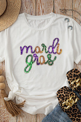 Stylish white tee with sequin Mardi Gras design perfect for parades