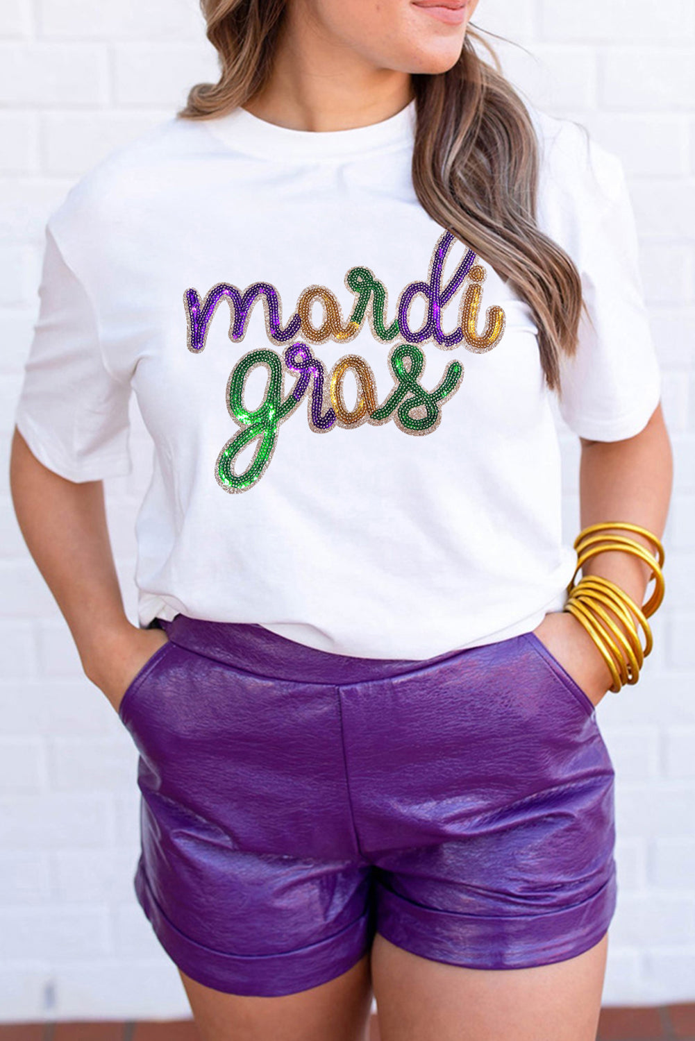 Stylish white tee with sequin Mardi Gras design perfect for parades