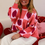 Comfortable pink checkered sweater with heart pattern for casual wear