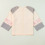 Beige Plaid Floral Patchwork Heart Long Sleeve Top