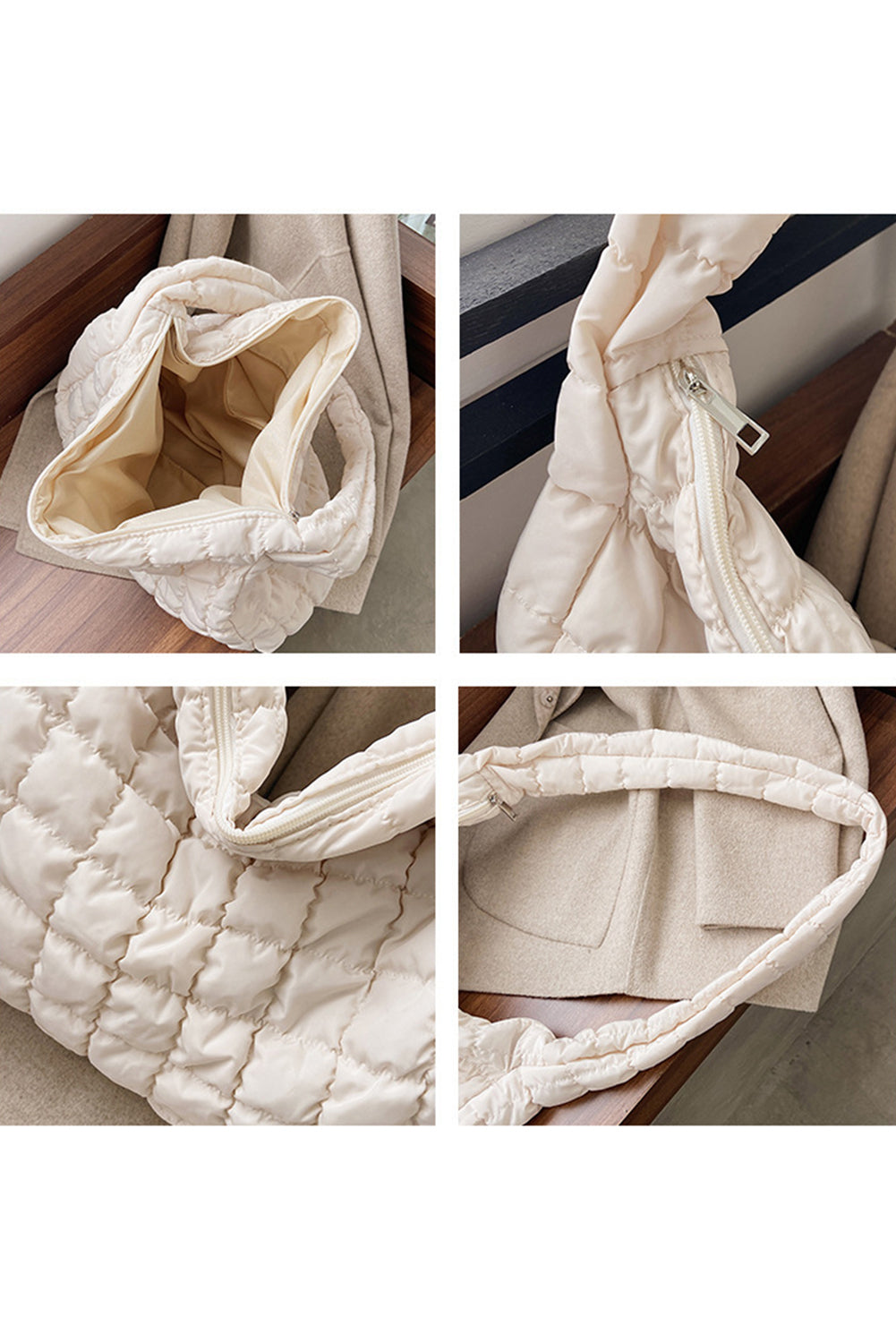 Spacious beige quilted large shoulder bag with a comfortable strap