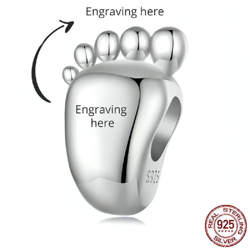 silver engraved baby footprint bead personalized charm