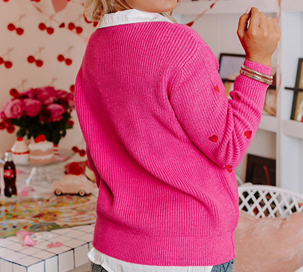 Stylish rose red sweater with heart print for women