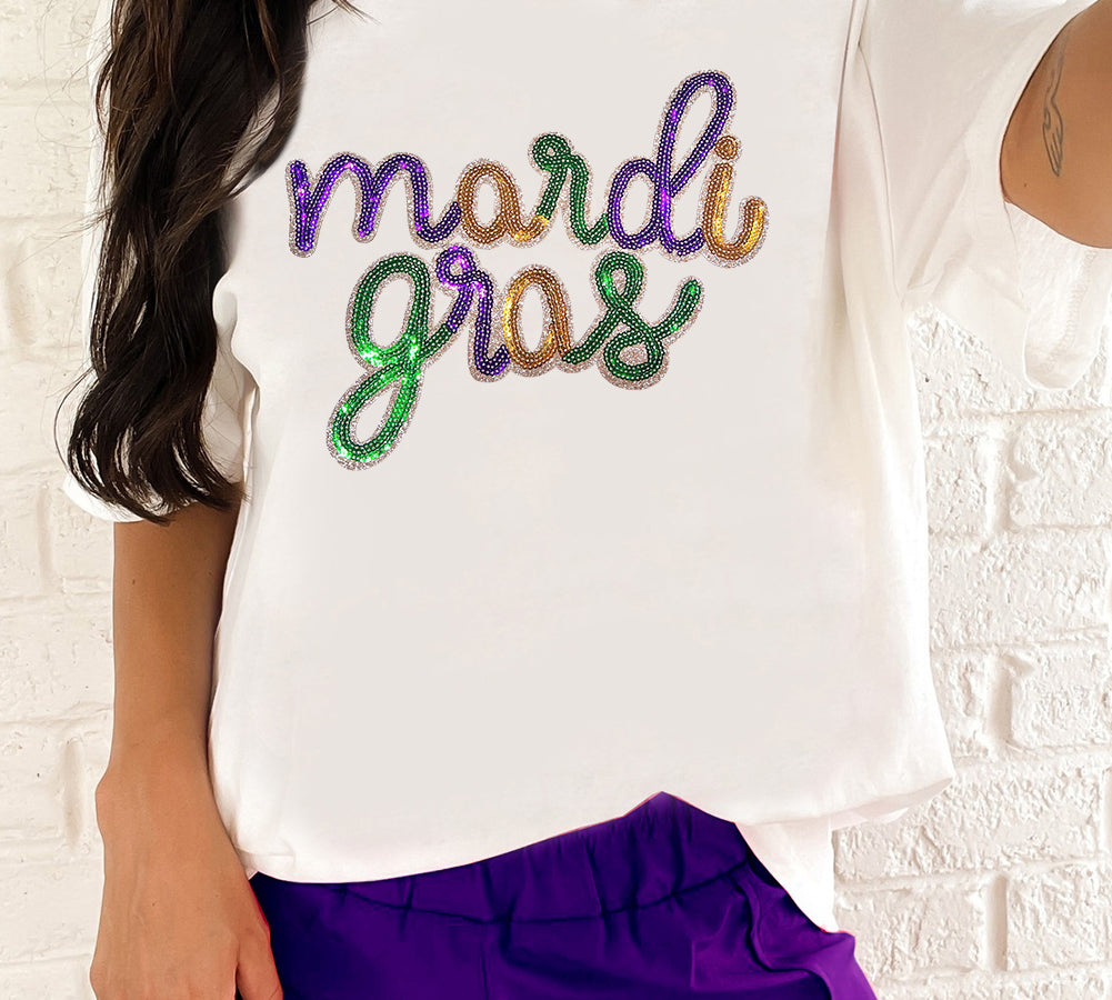 White Sequin Mardi Gras Tee