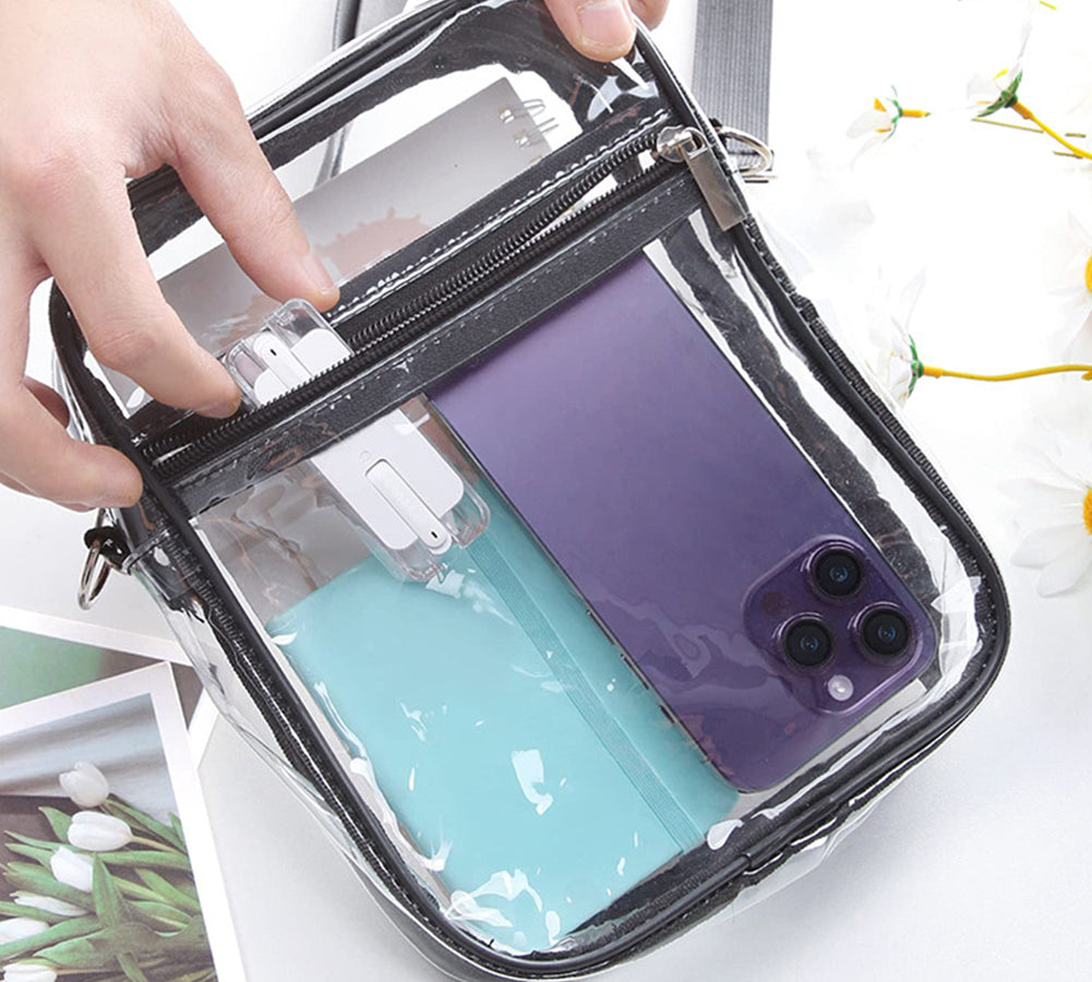 Stylish transparent black PVC crossbody bag with zipper closure