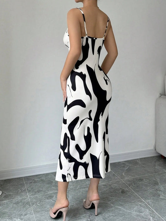 Slit Cow Print Spaghetti Strap Midi Dress