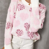 Cozy and stylish women’s sweater with pink heart and leopard print