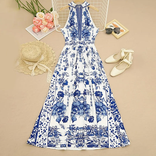 Women Summer Floral Print Halter Maxi Dress