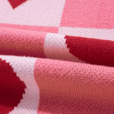 Pink Plus Size Heart Checkered Lantern Sleeve Sweater