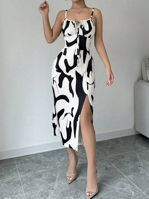 Slit Cow Print Spaghetti Strap Midi Dress