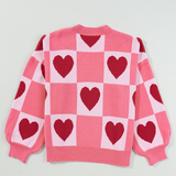 Pink Plus Size Heart Checkered Lantern Sleeve Sweater