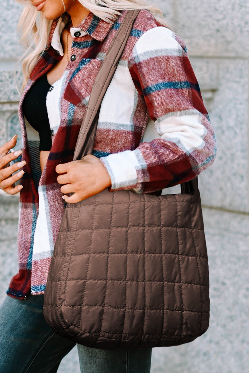 Beige Quilted Large Shoulder Bag