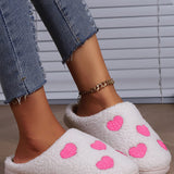 White Heart Print Plush Slippers