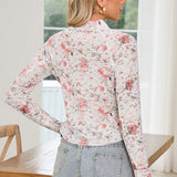 Brown Floral Mesh Mock Neck Top