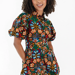 Bohemian floral dress with bubble sleeves and a flowy design