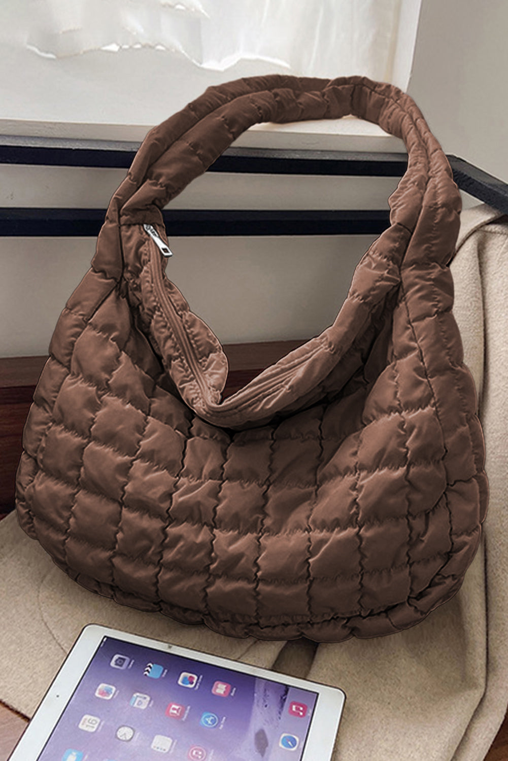 Beige Quilted Large Shoulder Bag