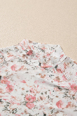 Floral design brown mesh top with mock neck for a trendy appearance