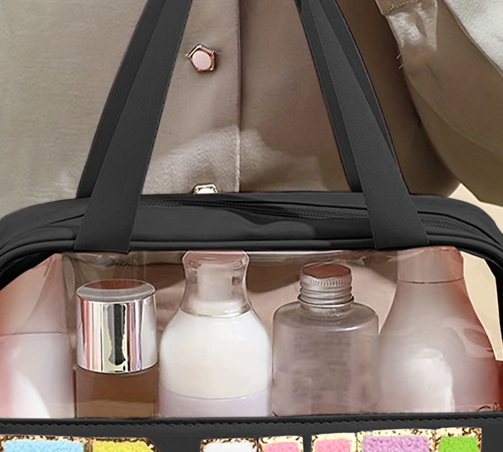 Sleek black chenille PVC makeup bag for travel essentials