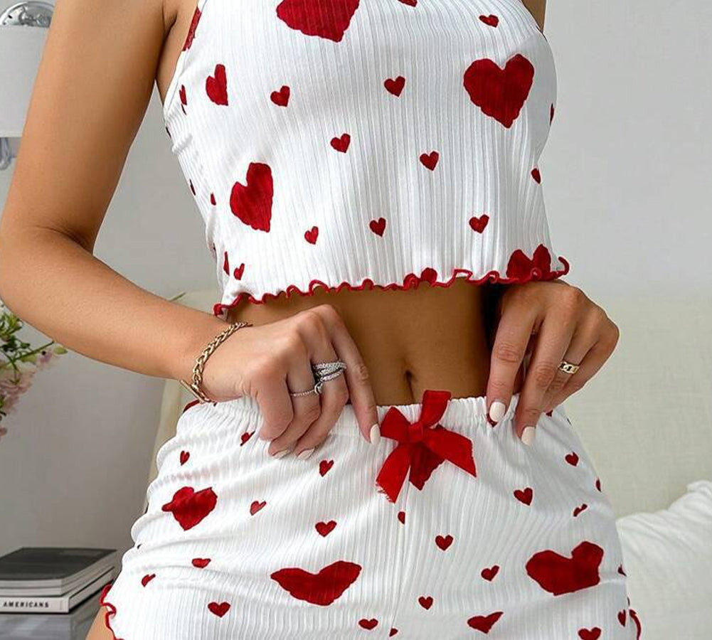 Cozy and cute white pajama set with heart print design