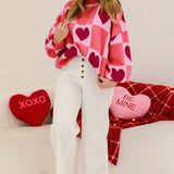 Pink Plus Size Heart Checkered Lantern Sleeve Sweater