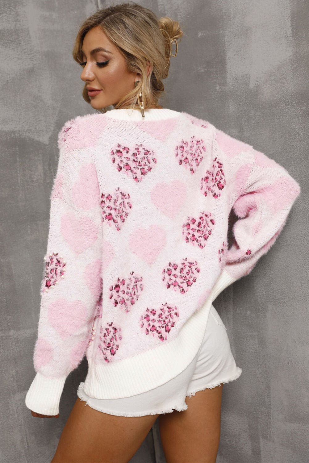 Fashionable pink heart leopard sweater, perfect for everyday outfits