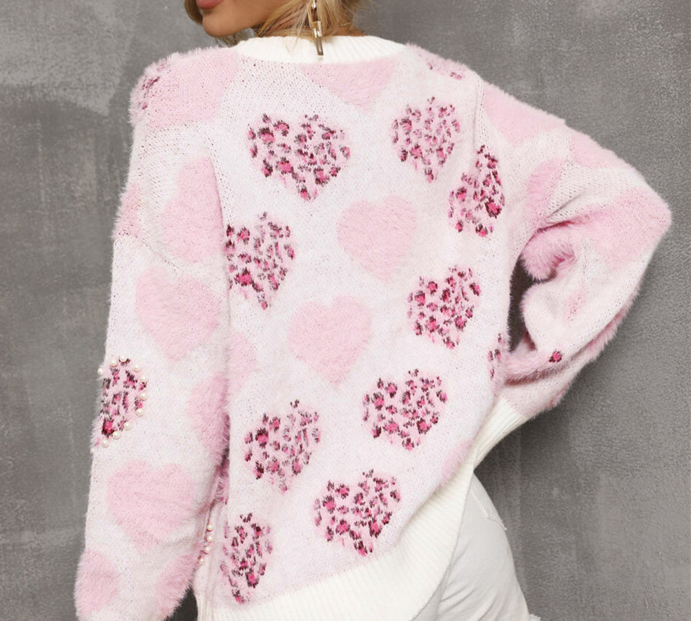 Fashionable pink heart leopard sweater, perfect for everyday outfits