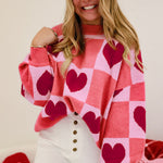 Trendy pink plus size sweater with heart checkered pattern