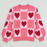 Pink Plus Size Heart Checkered Lantern Sleeve Sweater