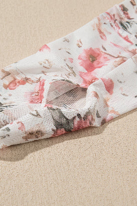 Floral design brown mesh top with mock neck for a trendy appearance