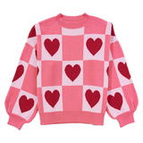 Pink Plus Size Heart Checkered Lantern Sleeve Sweater