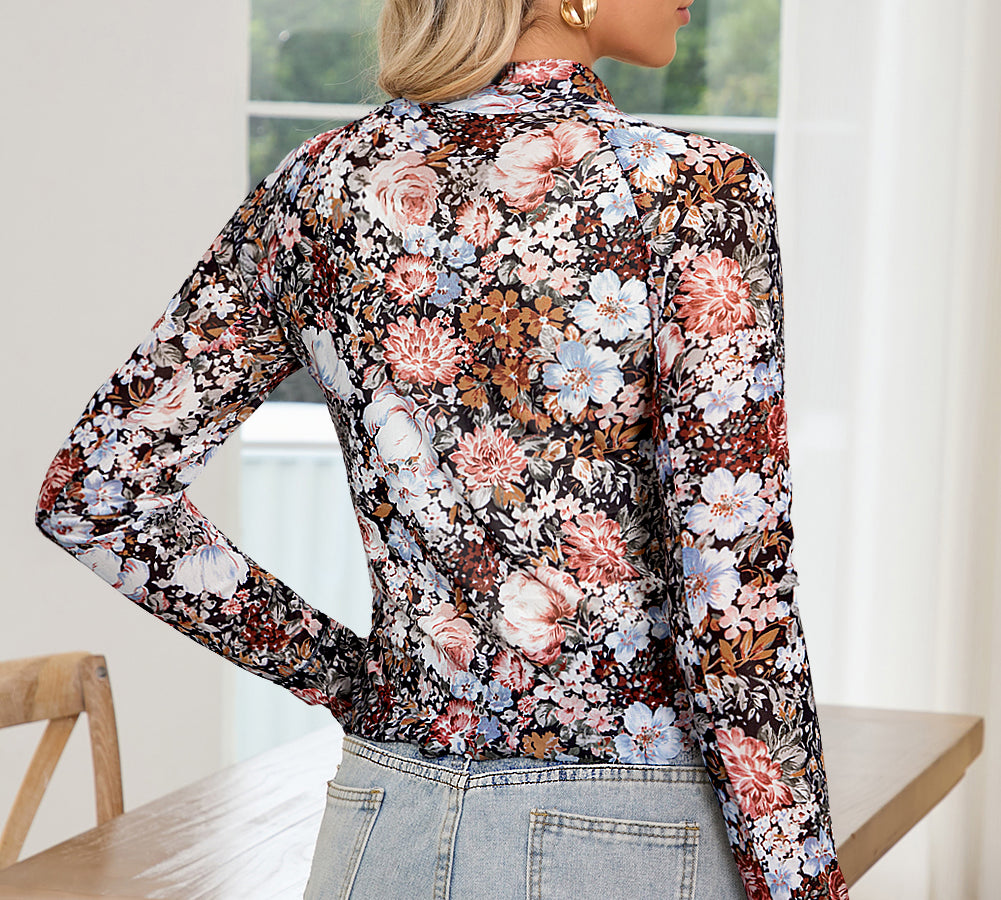 Stylish brown mesh top with floral print and mock neck for a fashionable fit