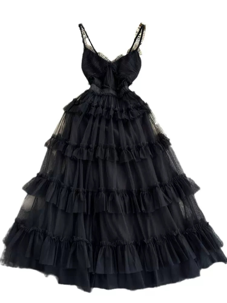 Backless Slip  A- line Irregular Mesh Cake Dress