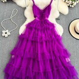 Backless Slip  A- line Irregular Mesh Cake Dress